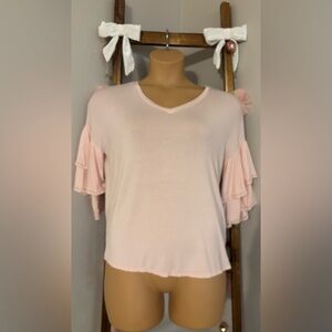 Vine & Love Light Pink Ruffle Sleeve Blouse Size L EUC Balletcore Soft Girl